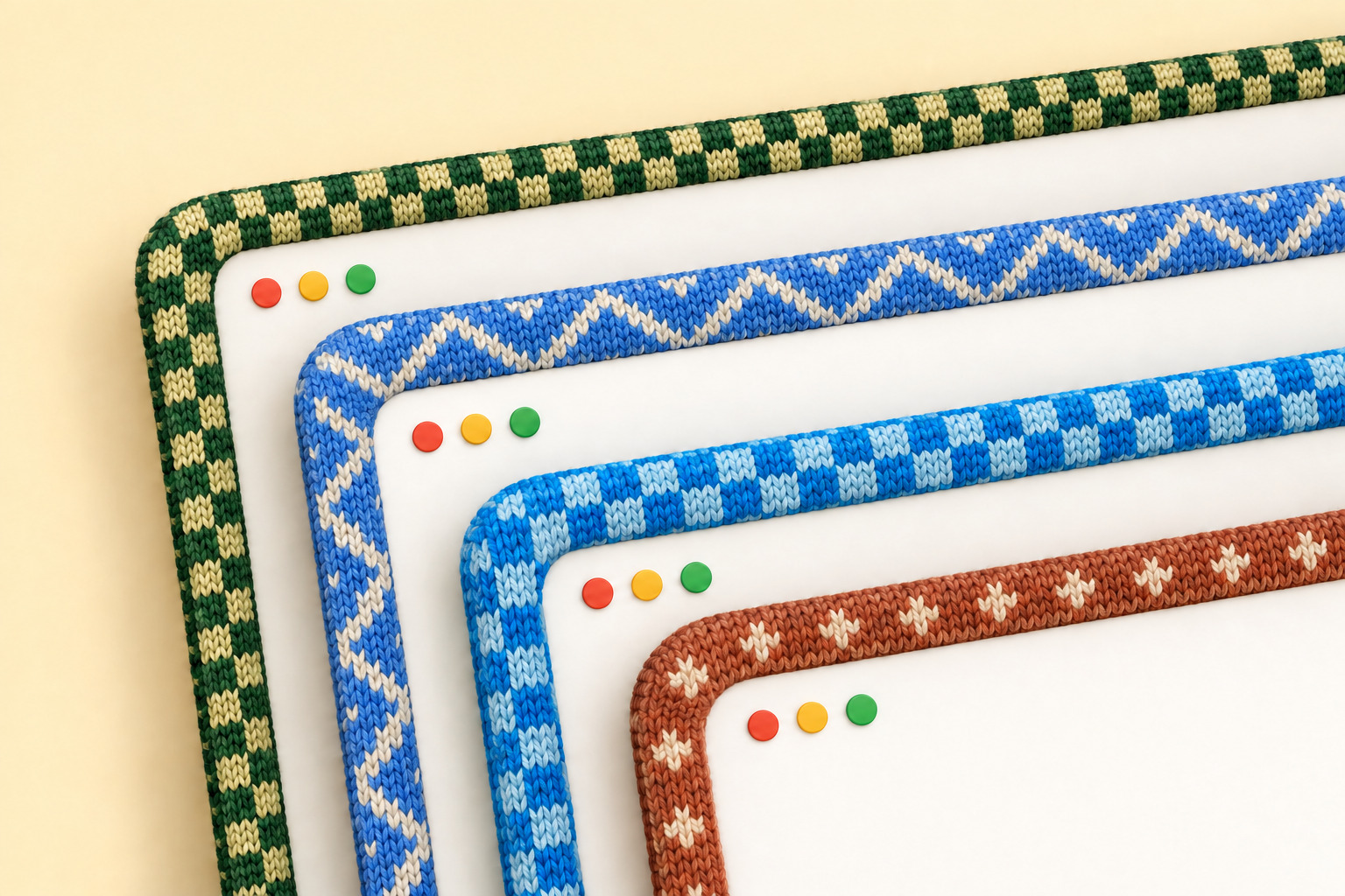 Four overlapping windows edged with knitted borders in green, blue and rust colourways