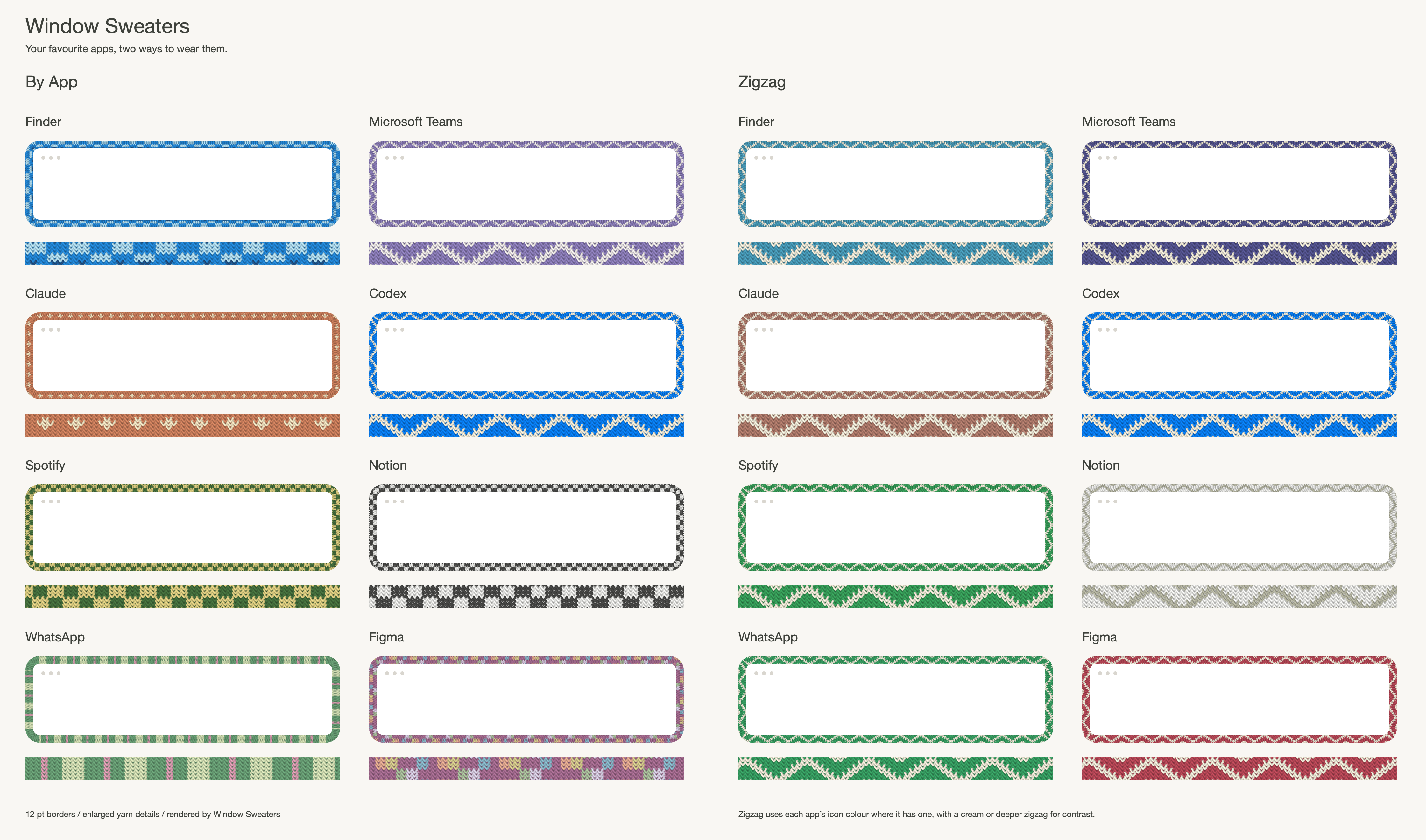 Eight apps shown in By App and Zigzag styles, with enlarged yarn details