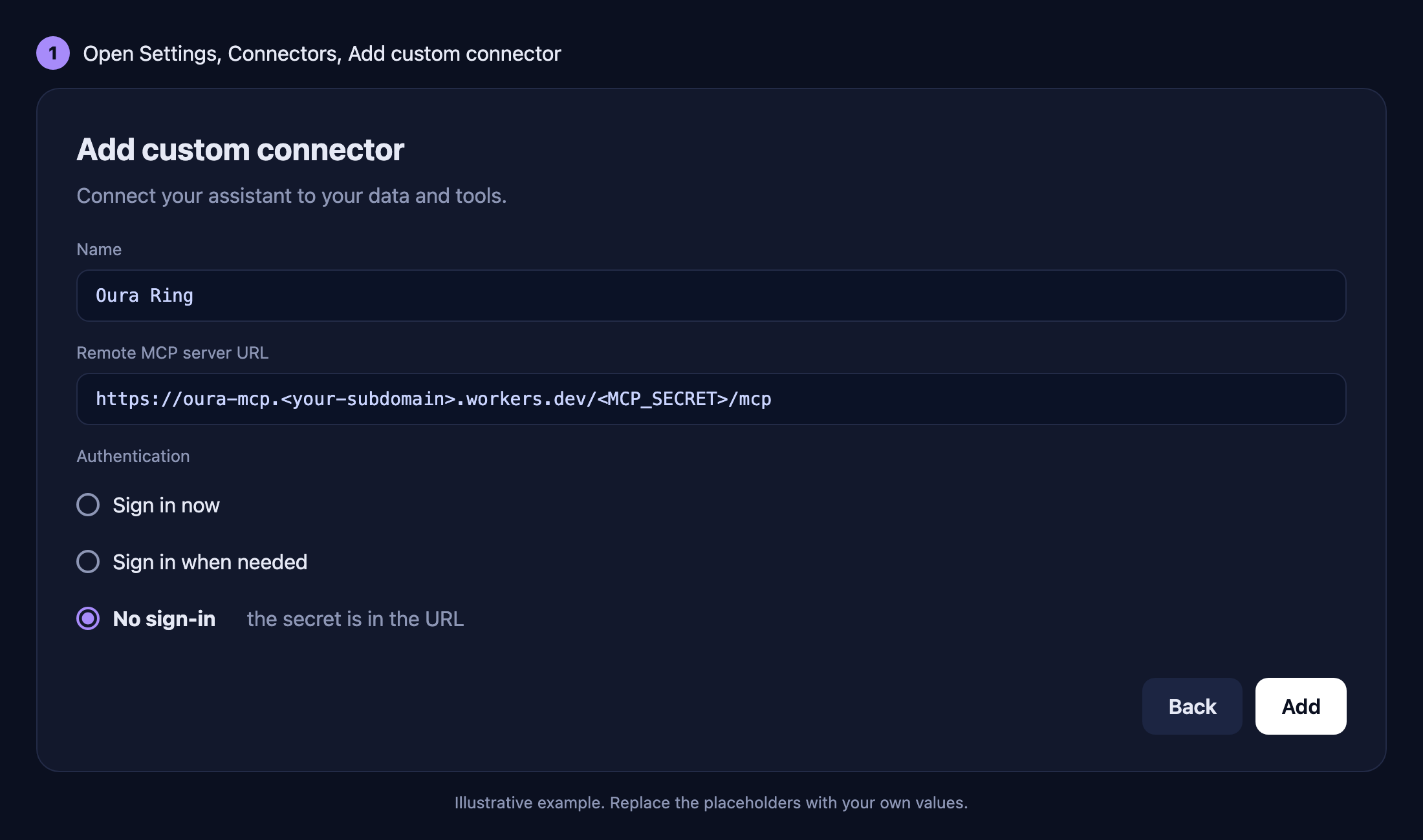 Add custom connector dialog