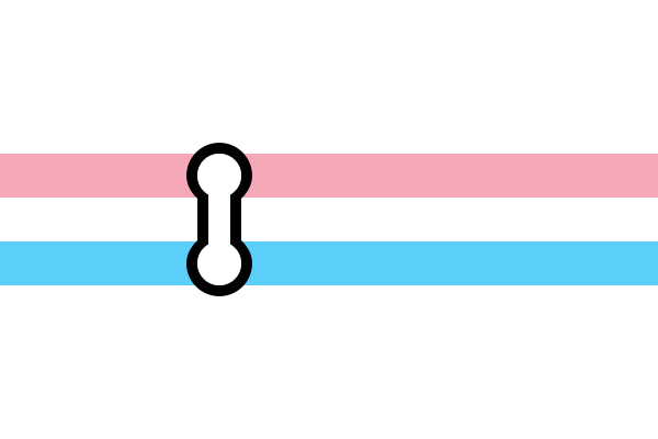 A flag with a long horizontal pink stripe a slightly above a long horizontal blue stripe on a white background. Slightly left of center, the stripes are joined by a transfer bubble from a subway map.