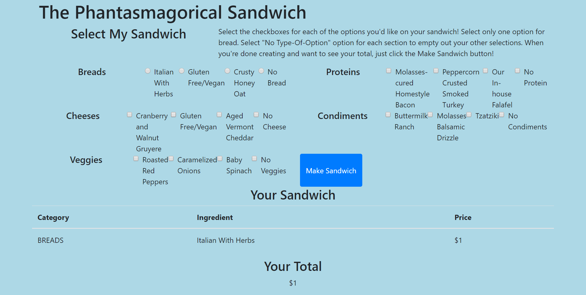 GitHub - sarahjulesthorne/sandwich-maker: Exercise in modules