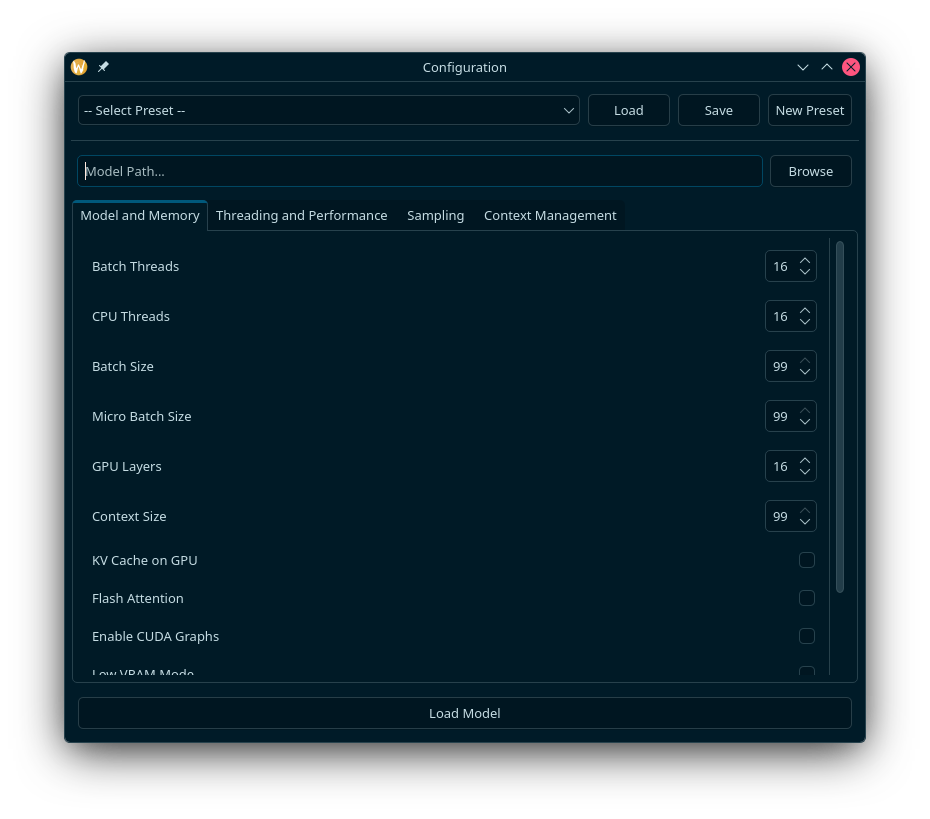 Model configuration window