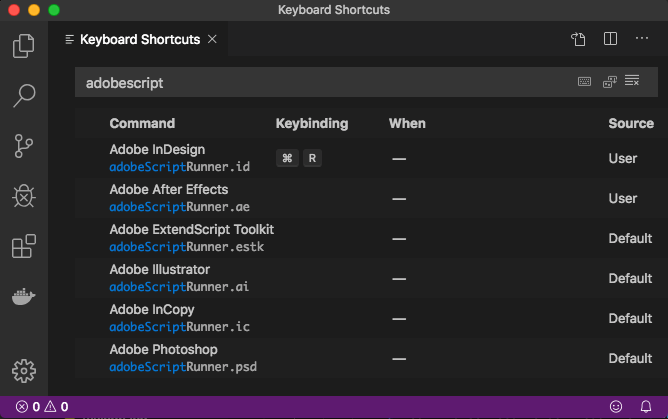 Keyboard Shortcuts window in VS Code