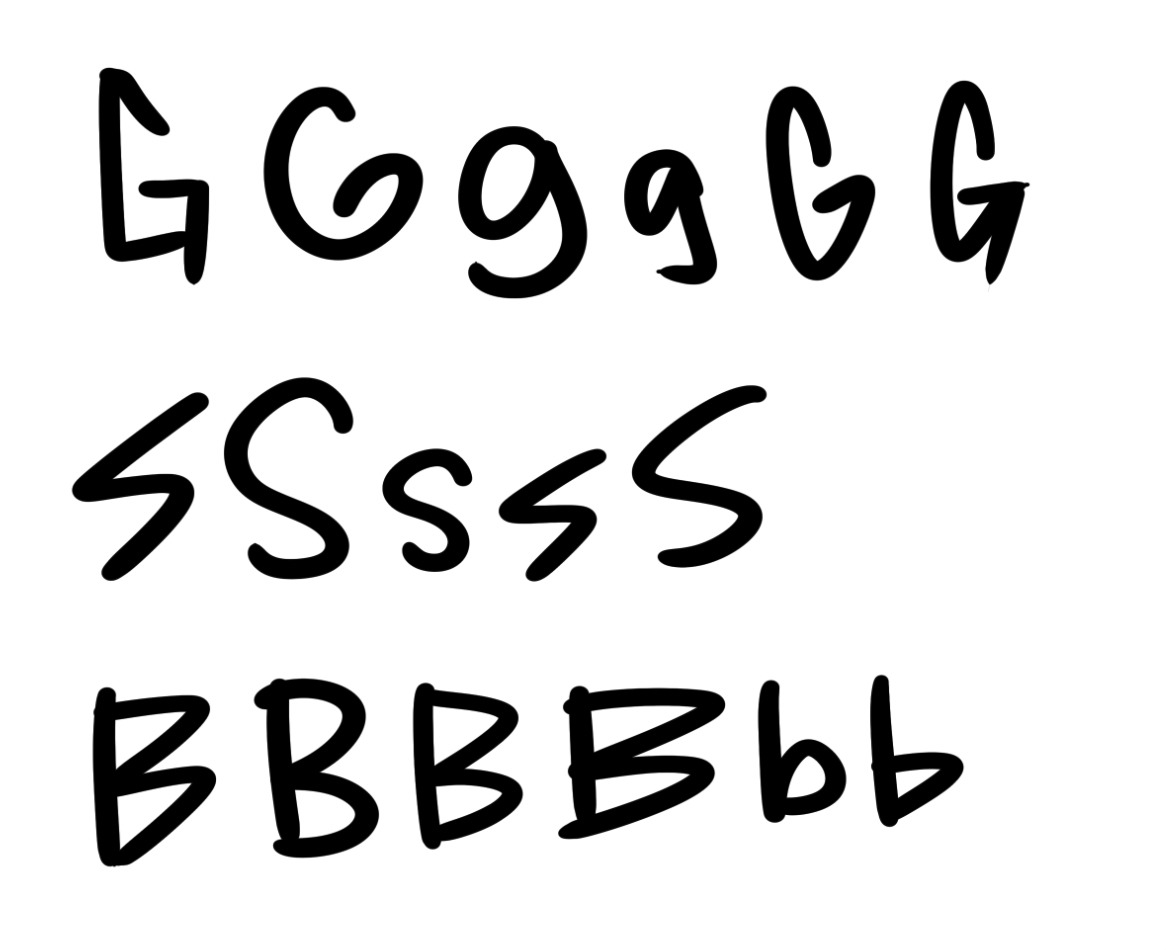 G, S, and B drawn several times in different variations