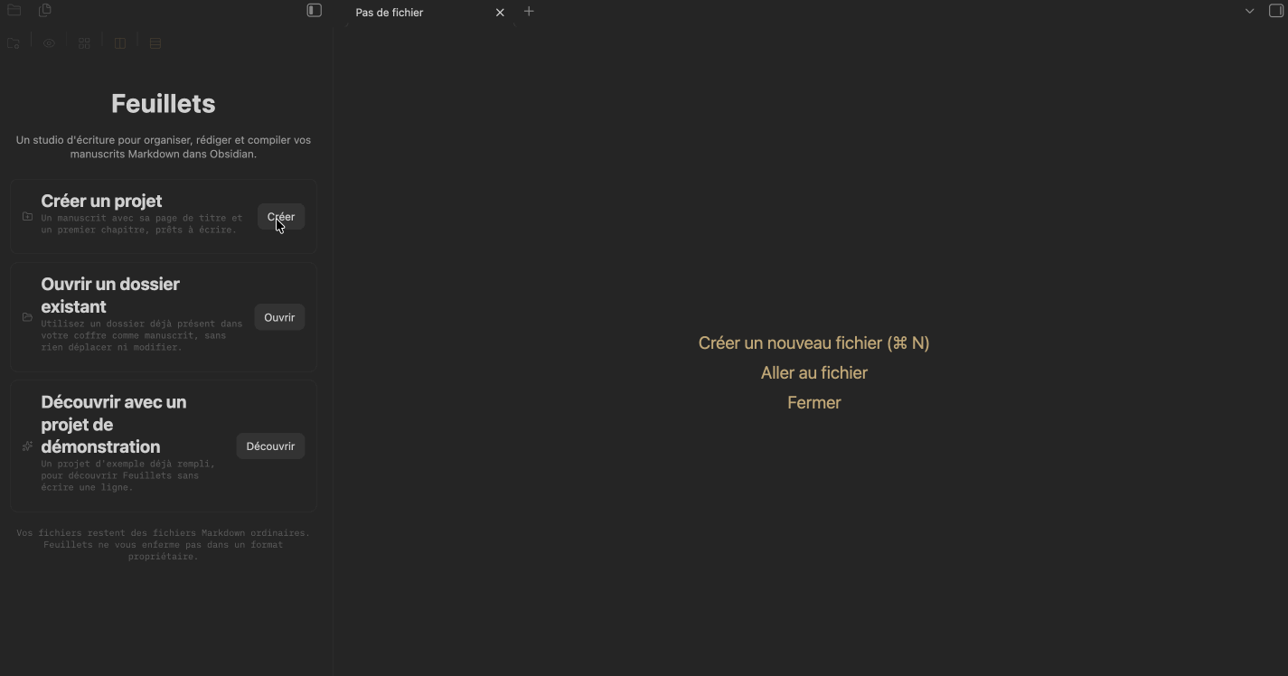 Create a first project in Feuillets