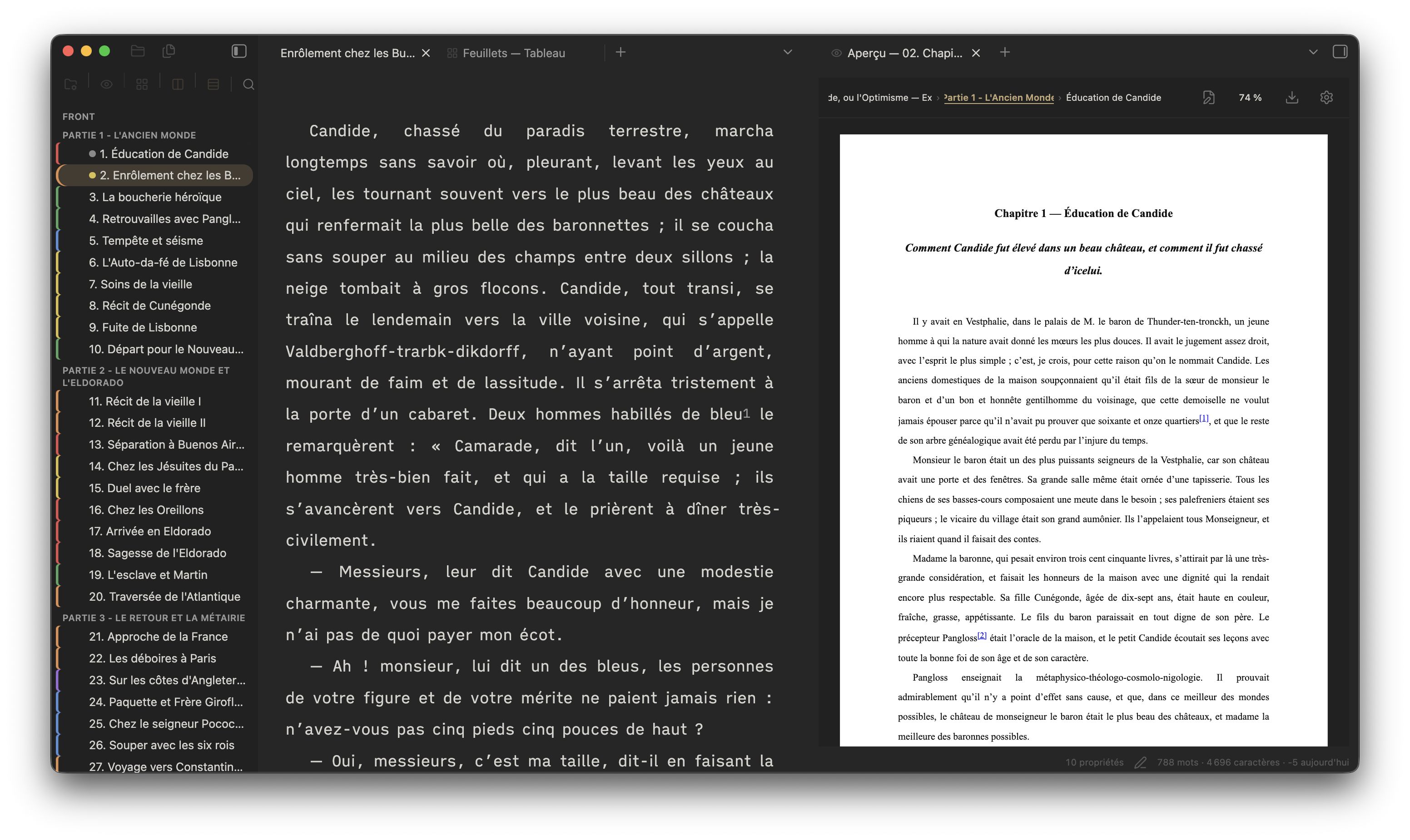 Feuillets — Binder, writing, and paginated preview