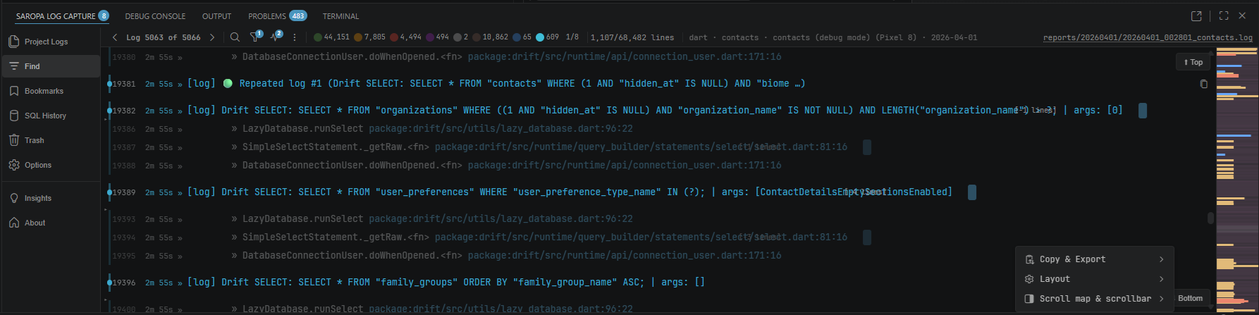 Log viewer showing Drift SQL queries with syntax highlighting and diagnostic badges
