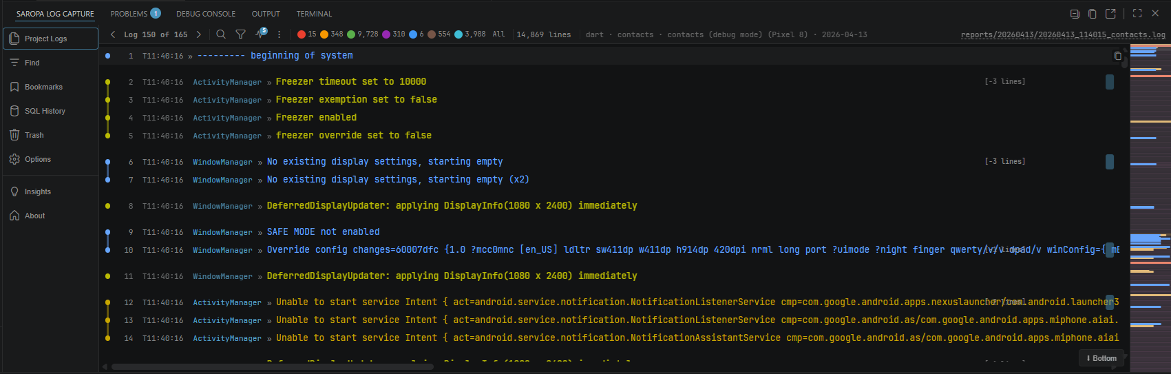 Debug output in the log viewer with colored severity markers, framework classification, and run navigation