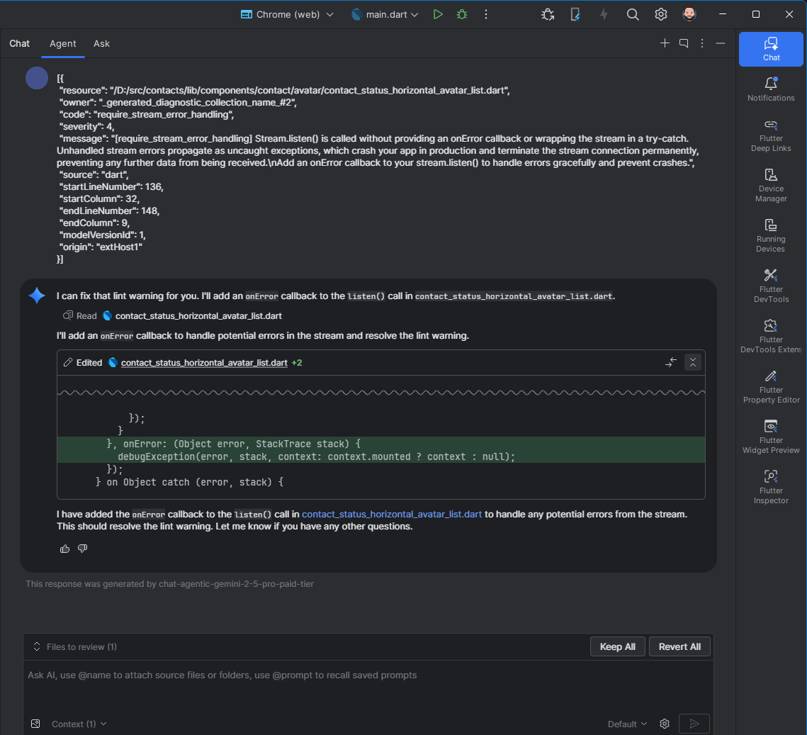 AI fixing Flutter security vulnerability automatically in Android Studio