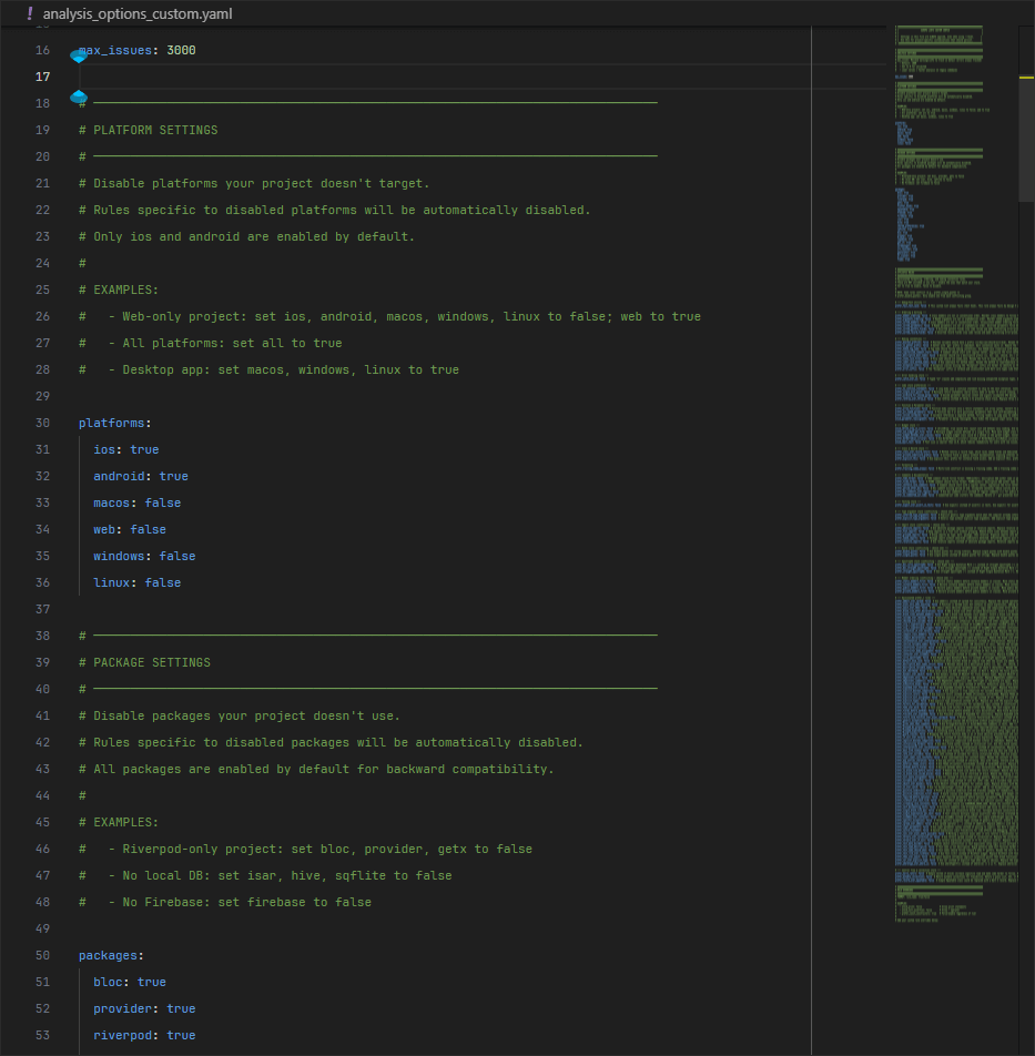 Screenshot of analysis_options_custom.yaml