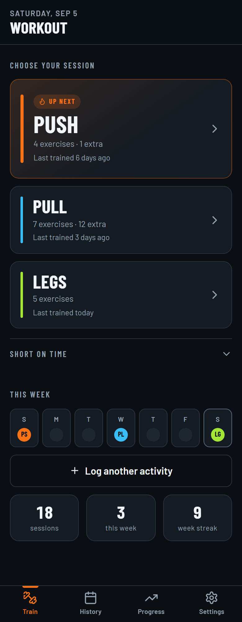 Home screen showing Push, Pull and Legs cards with an Up next badge and this week's training grid
