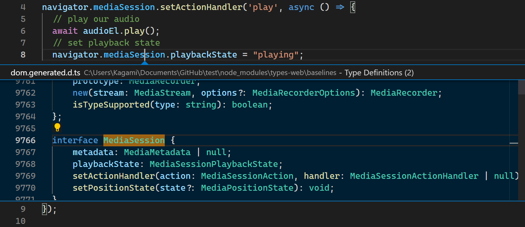 An example showing types for MediaSession and MediaRecorder