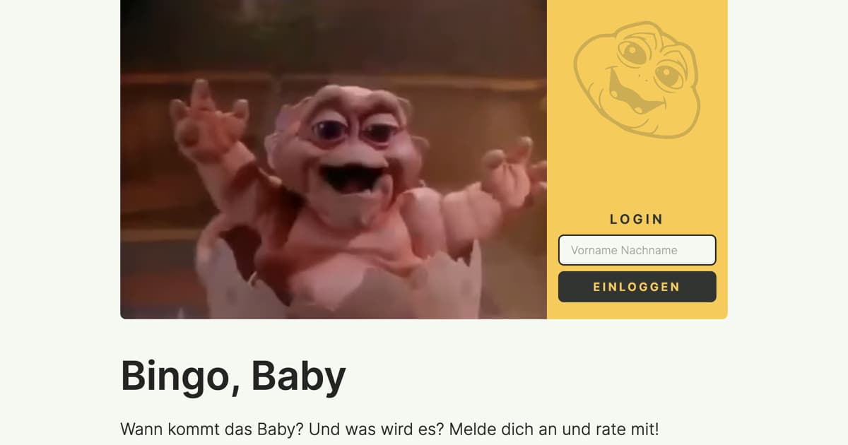 A screenshot of the index page, showing the header section consisting of an image still of the baby from the Dinosaurs series and a login form, as well as the headline reading Bingo, Baby and a subtext