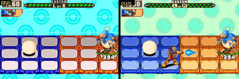 BlizzardMan's battle in BN5 and in Cyberworld side by side, frame for frame