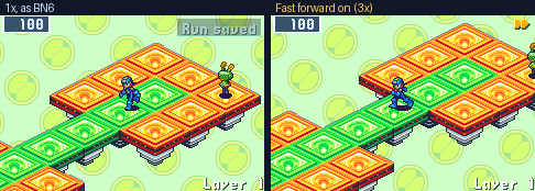 The same stretch of play side by side, BN6's speed on the left and fast forward on the right: the walk and a battle's opening run ahead with two orange arrows in the corner, then the fight goes at BN6's pace and the arrows go