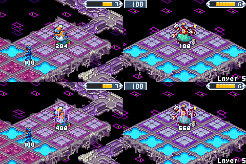 BN5 and Cyberworld side by side, before and after the Darkloid's turn: each unit's HP in white digits under it, and the Darkloid healing in rising lines, his HP climbing