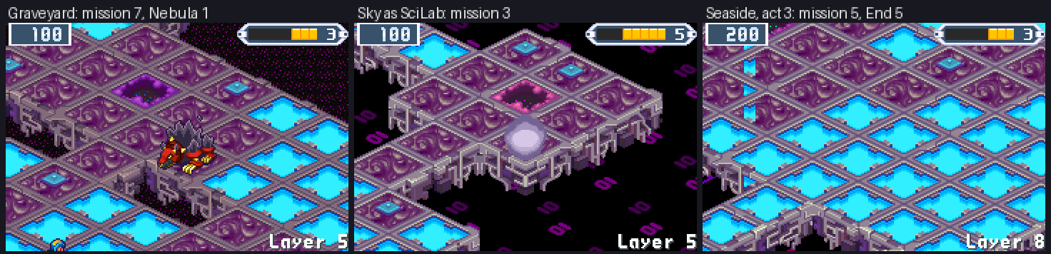 Three dark boards in play, each in a different BN5 mission's look: the Graveyard as mission 7, the Sky area as SciLab's mission 3, and Seaside at act 3 as mission 5