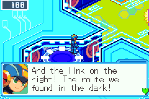 Lan's HP at the fork, Lan saying: And the link on the right! The route we found in the dark!