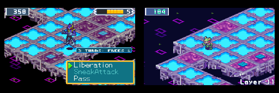 Two dark boards: ShadowMan's turn with BN5's command window, Liberation, SneakAttack and Pass, over 3 TURNS: FREES 1; and a teammate on a board of layer 11