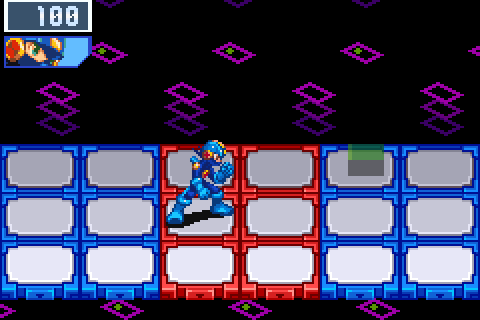 BN5's Surrounded battle: MegaMan's panels in the middle, foes on both sides
