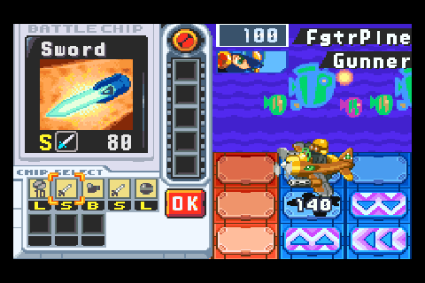 The same Surrounded field in Cyberworld: MegaMan's red panels in the middle, a foe on each side