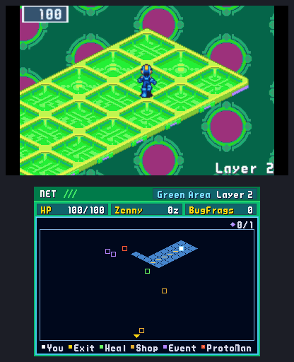 A New 3DS's two screens: MegaMan on a Green Area layer with the layer's map below; a battle opens and the lower screen follows it, through the Custom screen's cards for Cannon, BusterUp and Cannon and the two Cannons picked, to the hand as MegaMan's Cannon counters a Mettaur into Full Synchro
