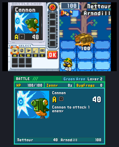 BN6's Custom screen on top; below, the Cannon under its cursor as a large card: its picture twice as large, code A, power 40 and its text, the enemies with their HP at the foot