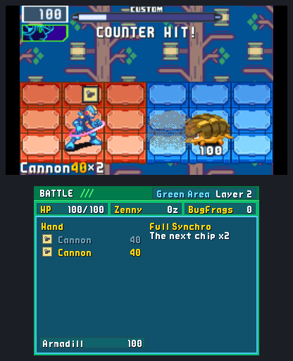 A COUNTER HIT on top; below, the hand with the used Cannon dimmed and the next one lit, Full Synchro: the next chip x2, and the Armadill left with 100 HP