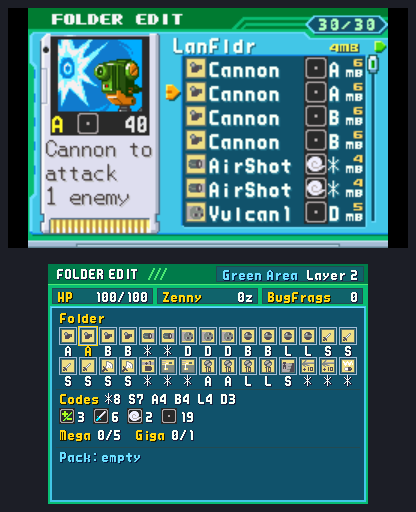 BN6's folder editor on top; below, the whole folder as thirty of BN6's chip icons with their codes, then the folder by code and by element, its Mega and Giga counts, and the Pack