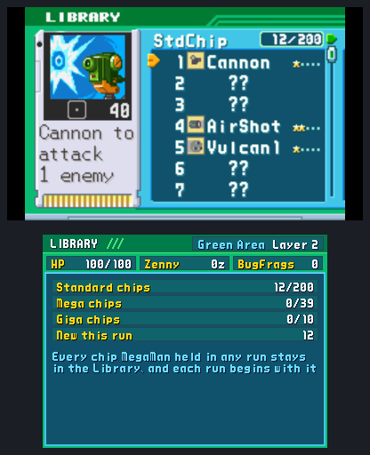 BN6's Library on top; below, its classes against what a run can hold: Standard chips 12 of 200, Mega chips 0 of 39, Giga chips 0 of 10, and 12 new this run