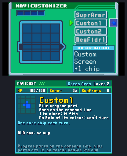 BN6's NaviCustomizer on top; below, Custom1 as a card: its blue shape, a blue program part that goes on the command line, it fits, no Spin of its colour to turn it, one more chip each turn; RUN now: no bug
