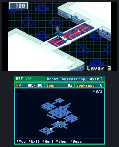 A New 3DS's two screens: MegaMan near BlastMan's arena in the Robot Control Comp, and below, the PET's frame around the layer's map: NET and the area in its header, HP, Zenny and BugFrags under it, the guardian's mark on the map