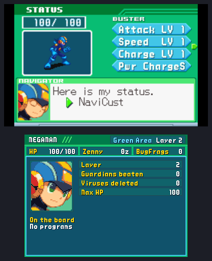 BN6's status screen on top; below, MegaMan's face and the run's record: the layer, the guardians beaten, the viruses deleted, his max HP, and the programs on his board