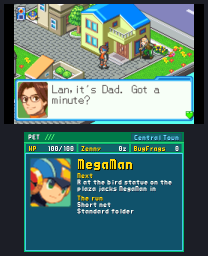 Dad calling Lan in Central Town on top; below, MegaMan's face from the game, twice as large: Next, R at the bird statue on the plaza jacks MegaMan in; The run, Short net, Standard folder