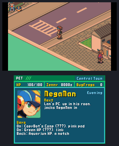 Lan crosses Central Town in the evening light into AsterLand and orders a chip from the clerk's Order Service; below, the PET's panel names the hour, the way on and the ways lit in Lan's HP