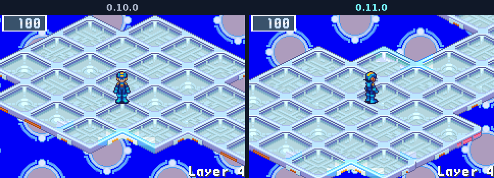 MegaMan arriving on a Sky layer: facing straight down in 0.10.0, into the layer in 0.11.0
