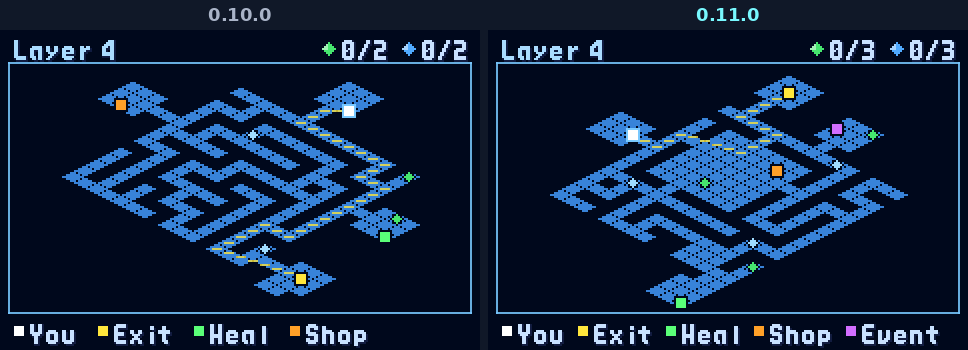 The same Undernet layer's map in 0.10.0 and 0.11.0: a maze of corridors before, now built round one court at its middle