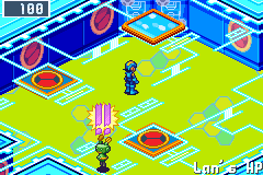 MegaMan in Lan's HP facing up the corridor: a lit link ahead, two ways back as orange pads with red rings, and the Mr.Prog courier with his 