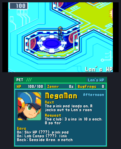 A New 3DS: MegaMan in Lan's HP on top; below, the PET's home panel with the hour, the request held and the ways, On and Back