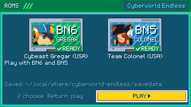 The ROMs screen in a window: BN6 Cybeast Gregar and BN5 Team Colonel as cartridges, both ready, and PLAY