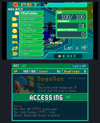 The PET's menu open in Lan's HP; below, the home panel dimmed under ACCESSING