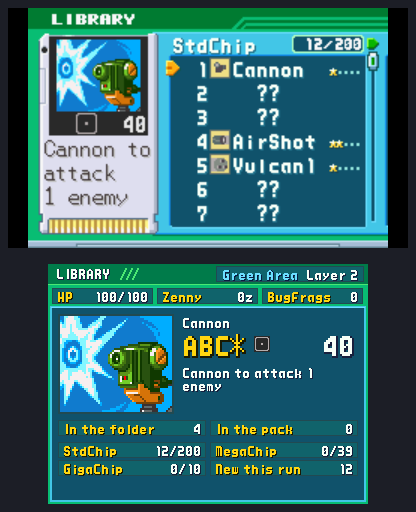 The Library on top with Cannon under the cursor; below, its card: codes A, B, C and *, 40 damage, 4 in the folder