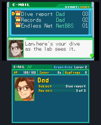 Dad's dive report open in E-Mail on top; below, Dad's face, the subject and New mail 3 of 3