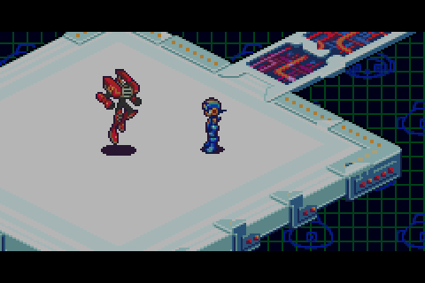 BlastMan's last word, then he logs out as BN6's Navis do: a frame in his lighter colours, BN6's beam rising where he stood, and his Guardian Data turning in his place before MegaMan takes it