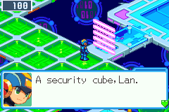 MegaMan before a security cube in the mouth of a walkway: A security cube, Lan.