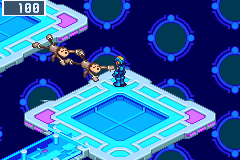 Rush lying across a gap in the floor, MegaMan stepping over him onto the far side