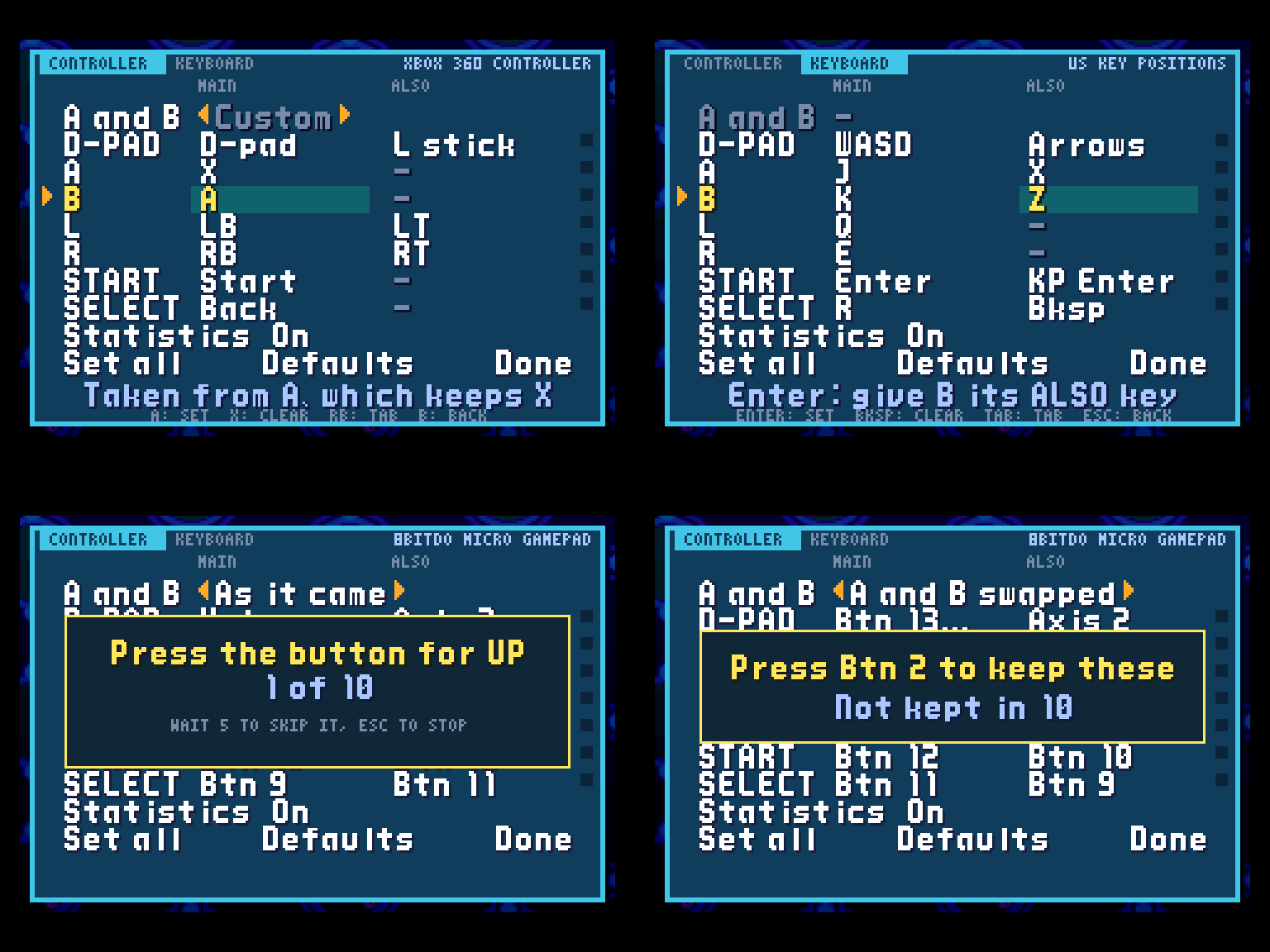 The new controls screen four times. An Xbox controller's tab: a row per GBA button with its MAIN and ALSO input, B just given the A button, and the line Taken from A, which keeps X. The keyboard's tab: WASD and the arrows on the D-pad's row, J and X on A. An 8BitDo Micro on Set all: Press the button for UP, 1 of 10. The same pad's new map waiting to be kept: Press Btn 2 to keep these, Not kept in 10.