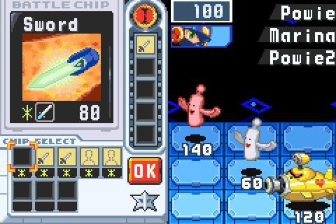 A battle in BN6's own engine against BN5's Powie, Marina and Powie V3, named on BN6's Custom screen: MegaMan picks a Sword and an Invisibl, UNITEs with ShadowMan's Soul, and ShadowSoul's charged Sword slashes Powie V3 from behind