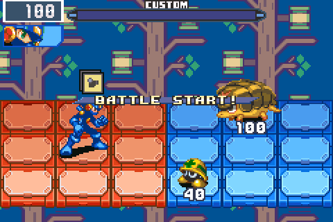 A battle against a Mettaur, then A+B+Select+Start: Cyberworld Endless's title, START, and CONTINUE on Layer 2
