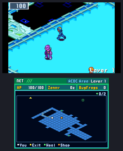 The New 3DS's two screens: BN5's ACDC Area, Layer 1, on top, and its map on the bottom screen